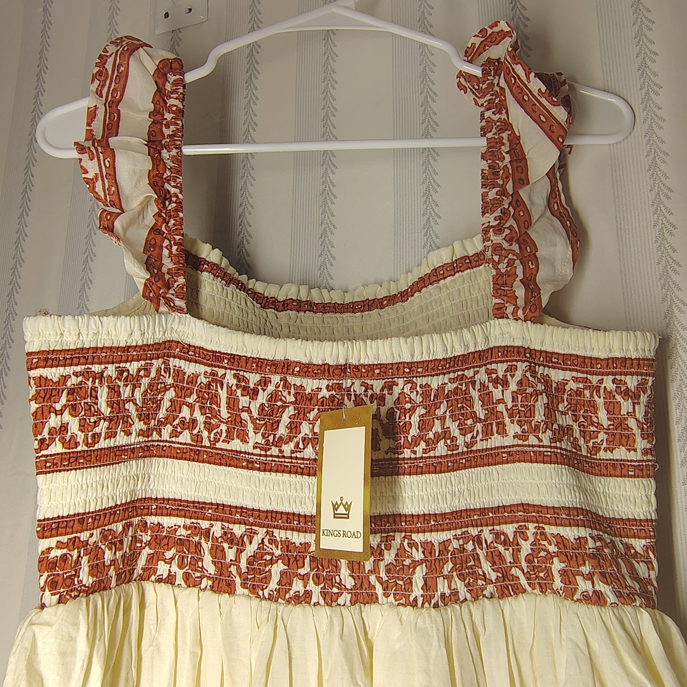 KING'S ROAD Cream Maxi Dress with Rust Floral Trim